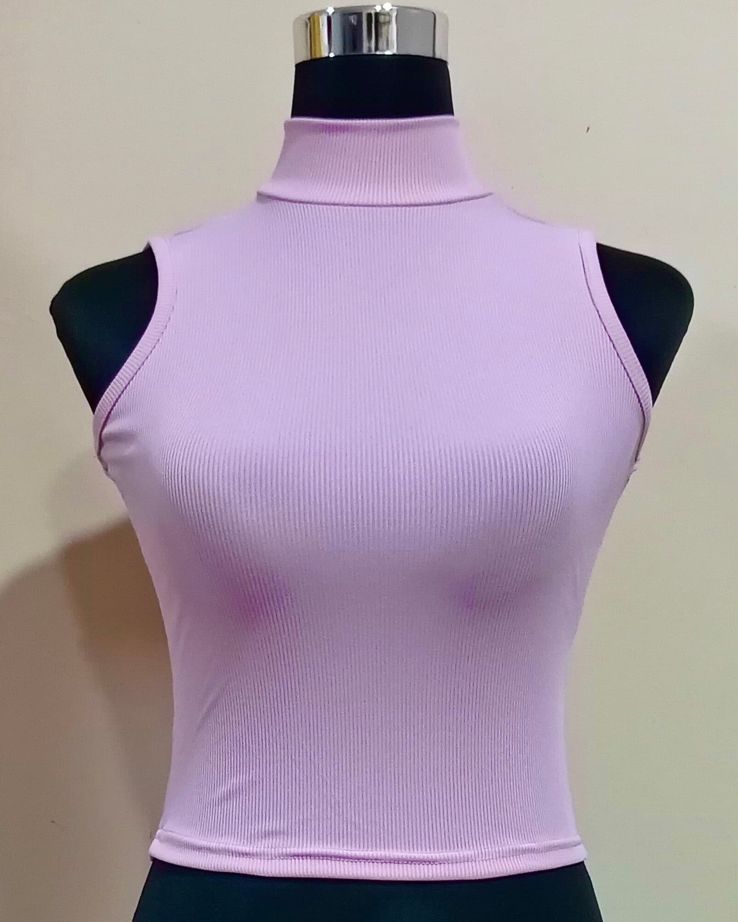 Knitted Rib Sleeveless Turtleneck Crop Top