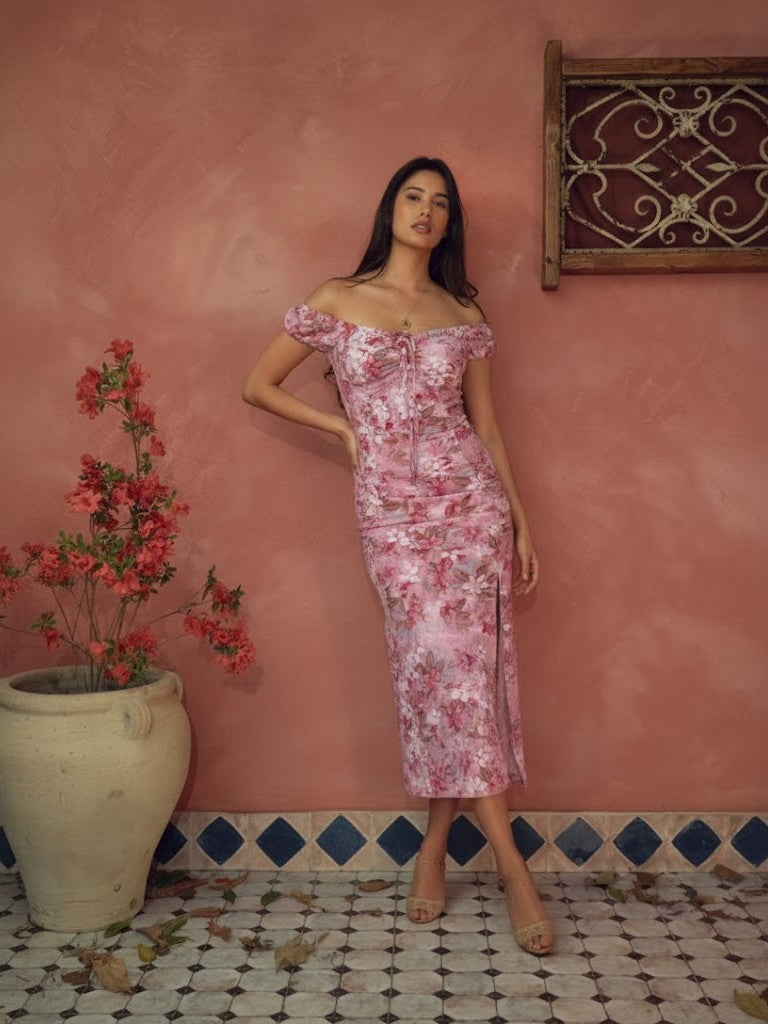Floral Off-Shoulder Ruched Midi Dress by Lipaaji š