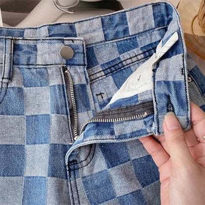 Mid Waist Checked Denim Short