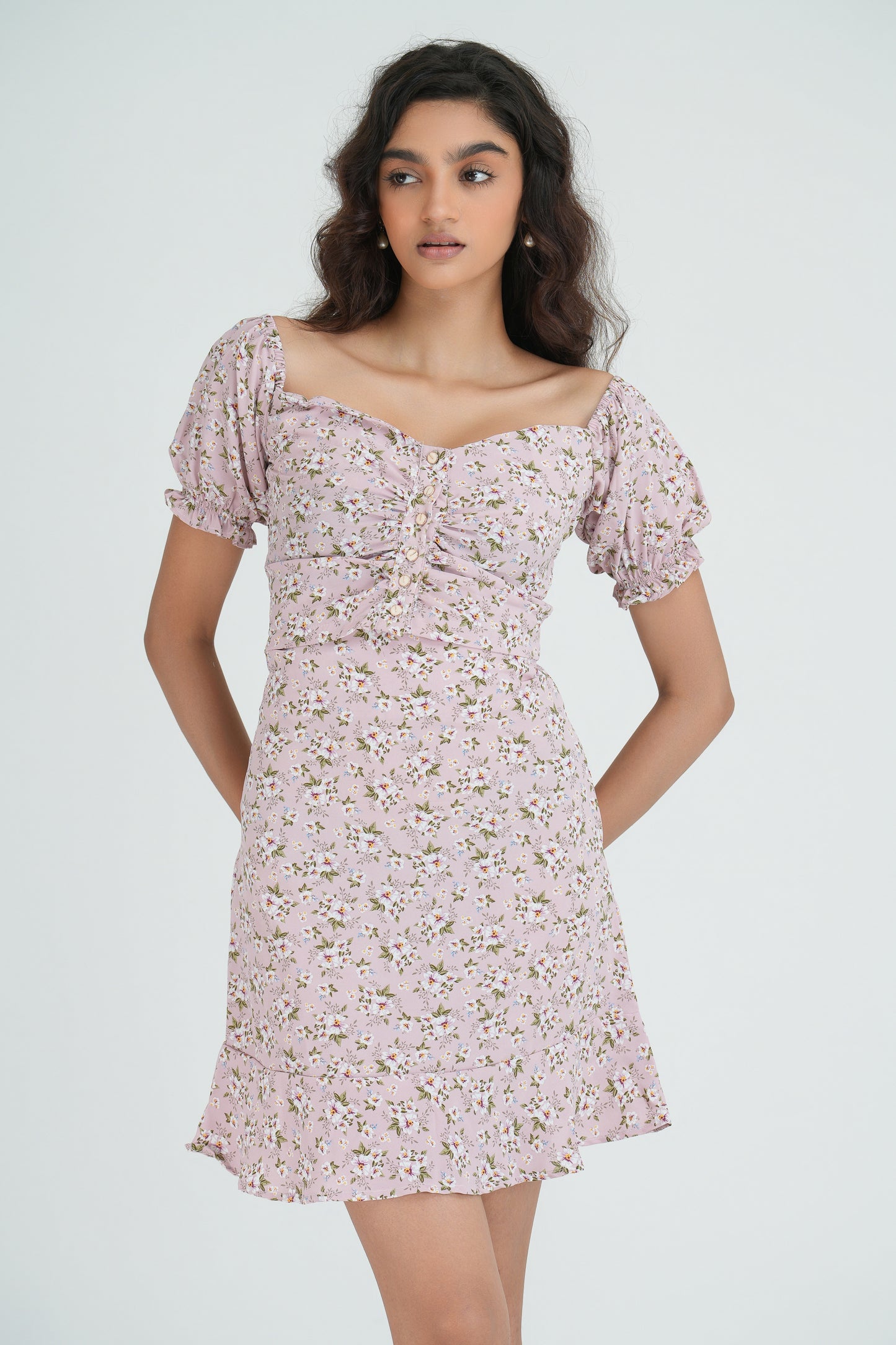 Pink Short Sleeve Floral Puff Crop Top and High Waist Short Skirt Set