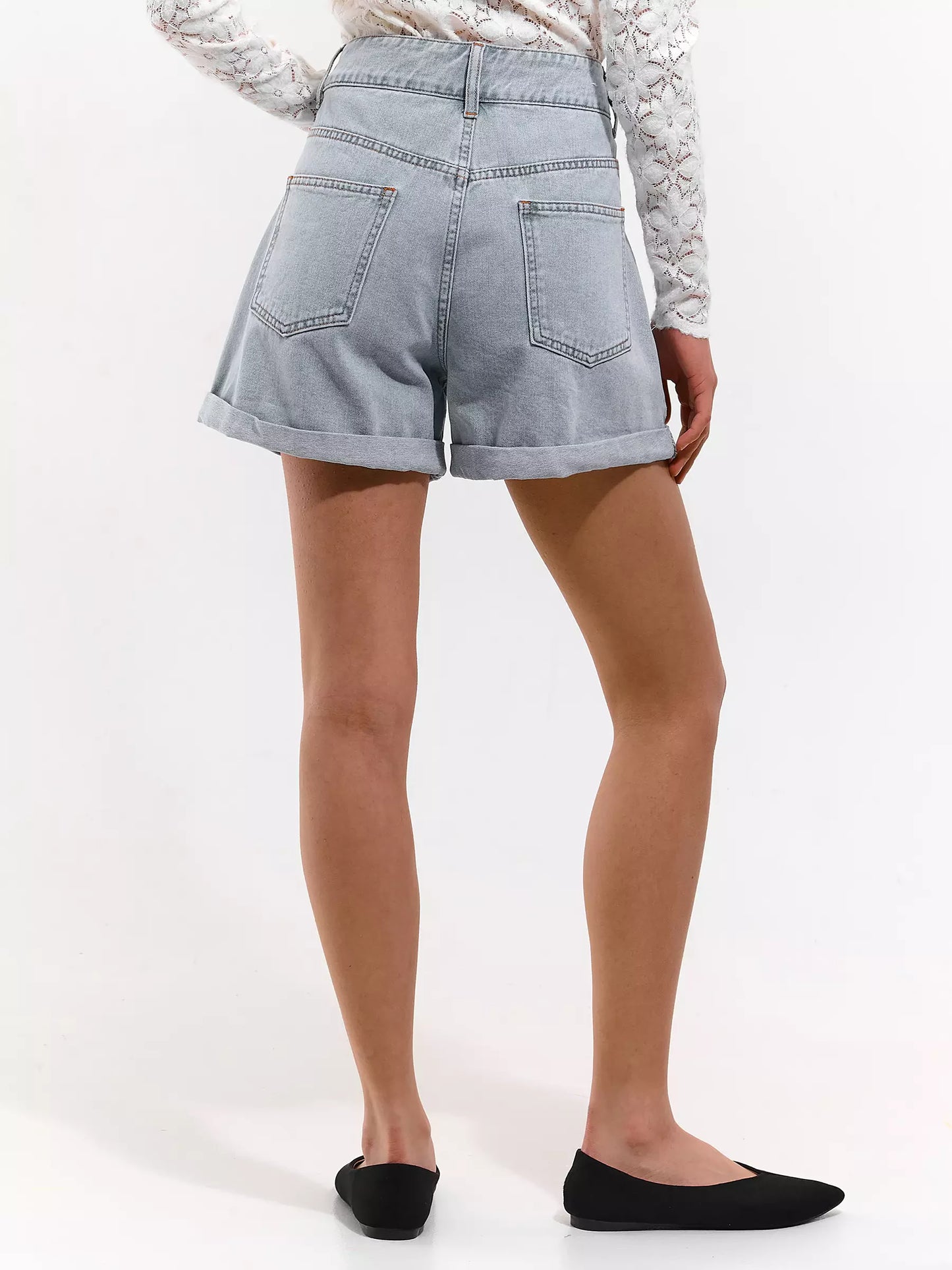 High Waist Casual Jeans Rolled Hem Loose Short Pants
