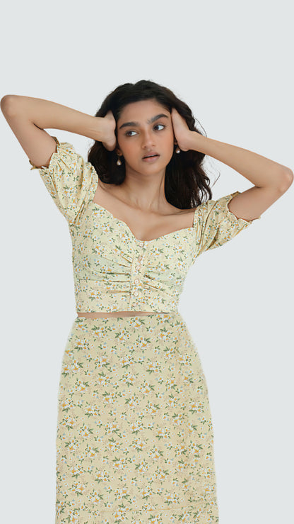 Yellow Short Sleeve Floral Puff Crop Top and High Waist Short Skirt Set