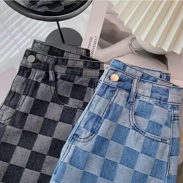 Mid Waist Checked Denim Short