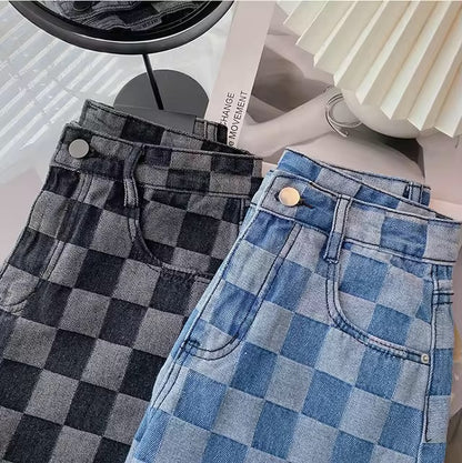 Mid Waist Checked Denim Short