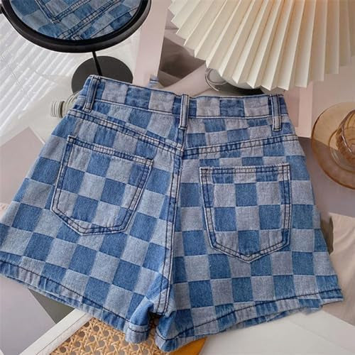 Mid Waist Checked Denim Short