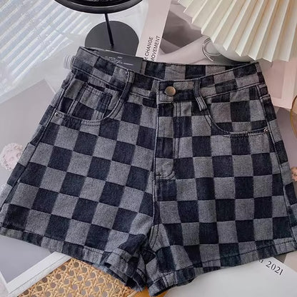 Mid Waist Checked Denim Short