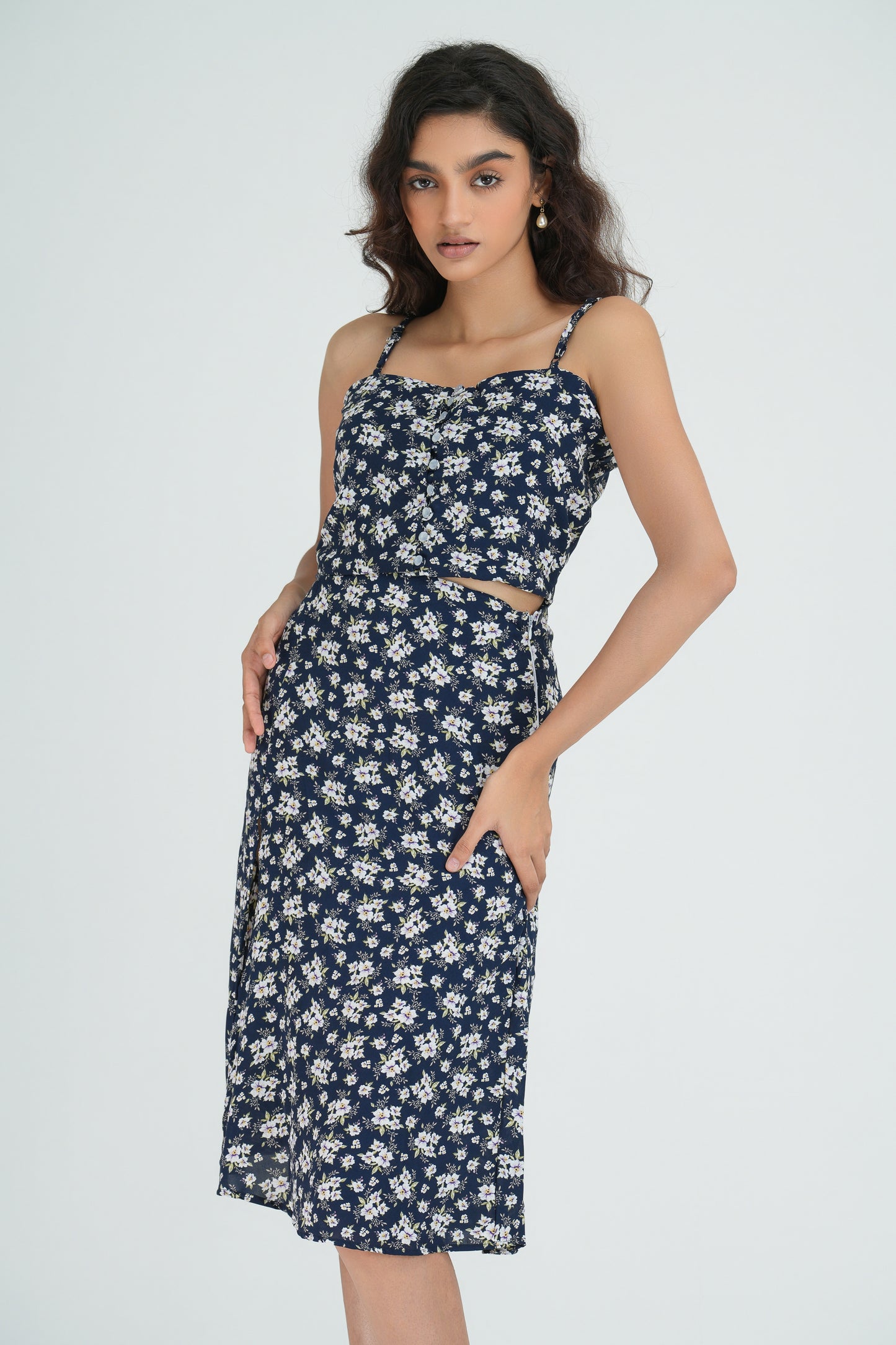 Navy Floral Print Strap Top and High Waist Skirt Set