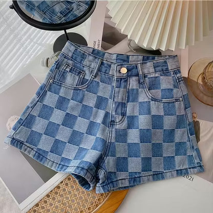 Mid Waist Checked Denim Short