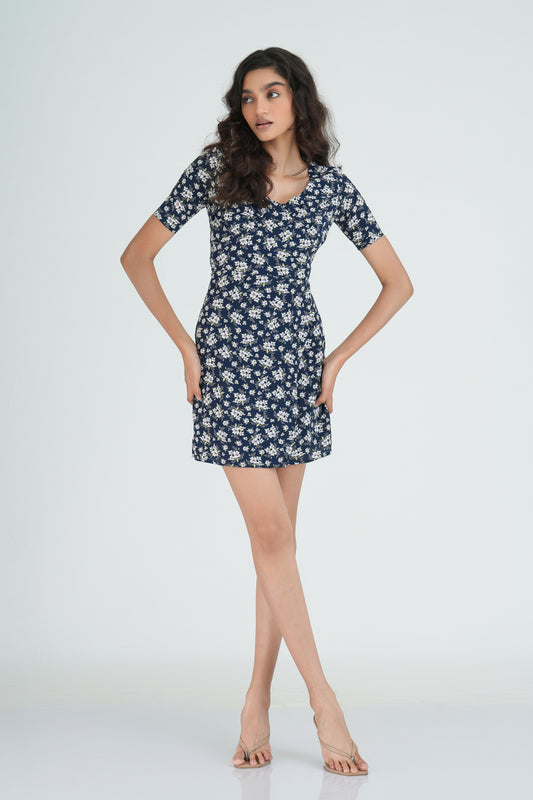 Navy Floral Print Mini Dress