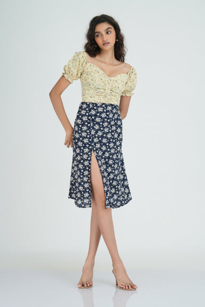 Yellow Short Sleeve Floral Puff Crop Top and High Waist Short Skirt Set