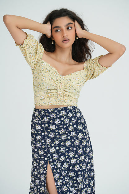 Yellow Short Sleeve Floral Puff Crop Top and High Waist Short Skirt Set