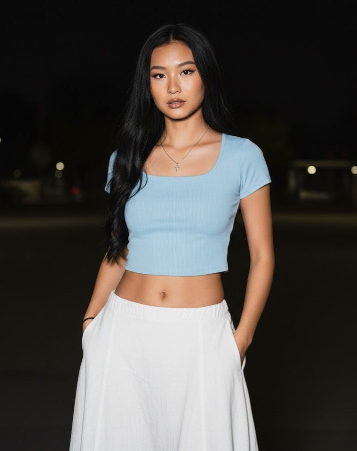 Short Sleeve Rib Fabric Cropped Tee