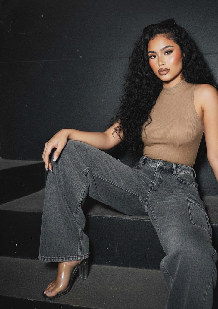 Knitted Rib Sleeveless Turtleneck Crop Top