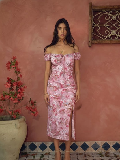 Floral Off-Shoulder Ruched Midi Dress by Lipaaji 🎀