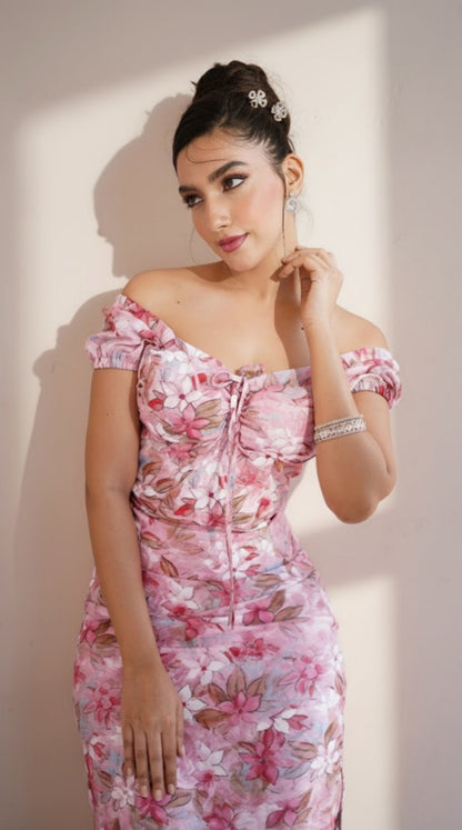 Floral Off-Shoulder Ruched Midi Dress by Lipaaji 🎀