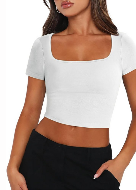 Short Sleeve Rib Fabric Cropped Tee